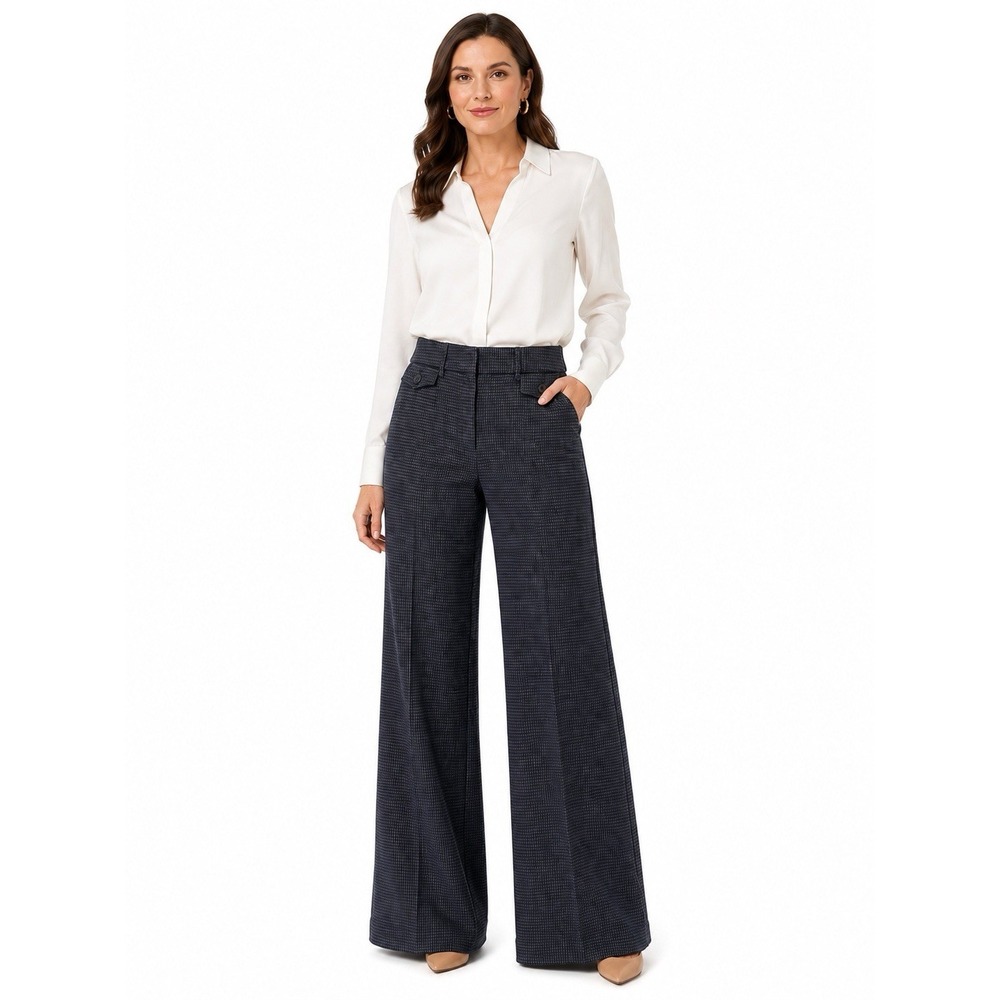 LOFT Women's 8 Navy Plaid Wide Leg Trousers High Waist Teacher Work Pants EUC